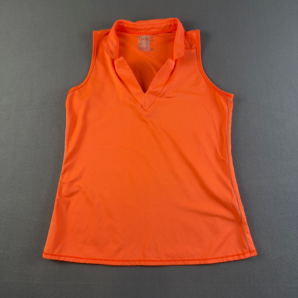 Lucky in Love Womens Neon Orange Sleeveless Tennis Golf Tank Top V-Neck Size M